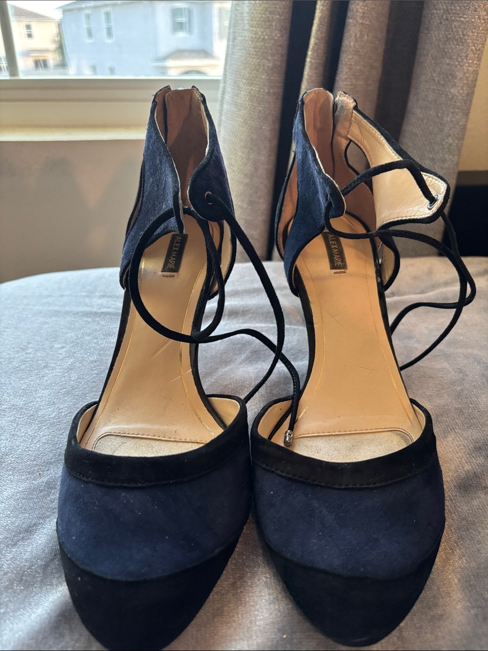 Alex Marie Navy Suede Lace-Up Pointed Toe Heels